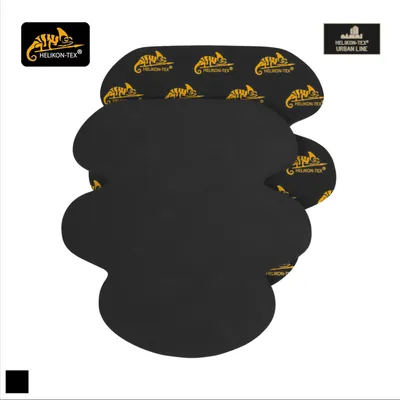 A product shot of black protective pads with a repeating yellow logo pattern on the top layer.