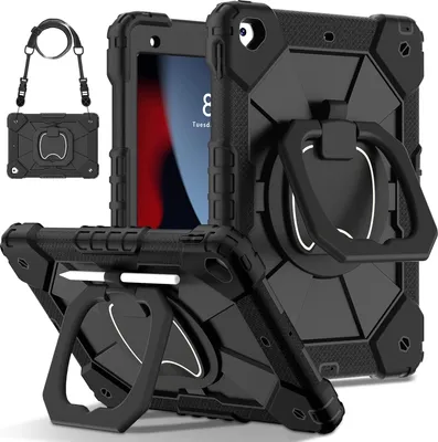 Image de Etui pour iPad 9th Gen/ 8th Gen/ 7th Gen, iPad 10,2" 2021/2020/2019, étui de protection durable et portable avec support, dragonne et bandoulière noir