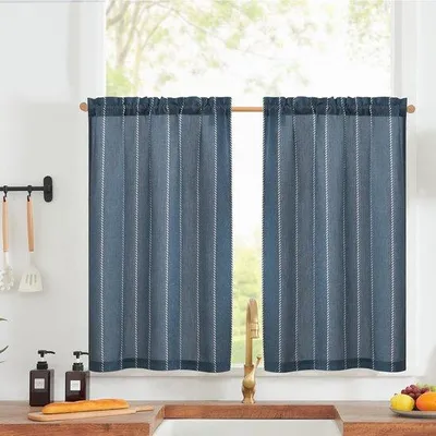 Productafbeelding van Unyqoos® Halfdoorschijnende boho-gordijnen met linnenlook, set van 2 – 65 x 90 cm, blauw, 30% linnen/70% polyester, lichtfilterend voor woonkamers