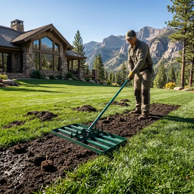 Produktbild von YZNAHRE Rasen Rakel Metall Rasen Nivellierrechen mit Verstellbar Stiel 25x75cm Flächenebner Rasenschieber Leveling Rake Rasenwerkzeug für Golf Gartengras Surface, Grün