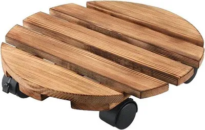Image de Support à roulettes d'extérieur robuste en bois pour pots de fleurs - roues verrouillables - capacité de charge de 80 kg - rond