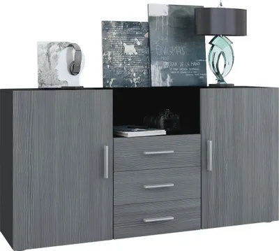 Produktbild von Vladon Sideboard Skadu, Kommode mit 2 Türen, 3 Schubladen und 1 offenem Fach, Schwarz matt/Avola-Anthrazit (138,5 x 71,5 x 35 cm)
