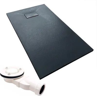 Produktbild von Duschwanne Rechteck 140x90x3,2 SMC Verbundwerkstoff Duschtasse Steinoptik Schwarz | Ablaufgarnitur im SET | Anti-Rutsch Duschbecken | BADLAND VIDAR