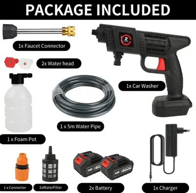 Zdjęcie produktu dla Mobilna myjka wysokociśnieniowa – bezprzewodowy pistolet myjący – 2 akumulatory 20000 mAh – wąż 5 m – lanca pianowa – do samochodu i ogrodu – wtyczka UE – srebrna