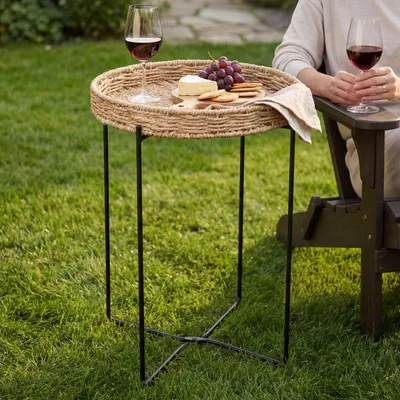 Produktbild von Mai & Mai Beistelltisch rund Ø37×H55 cm, Couchtisch klein mit abnehmbarem Tablett aus Papierkordel, Schwarz Reglo-08