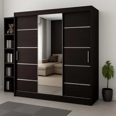 Zdjęcie produktu dla Szafa 3-drzwiowa przesuwna RIO-3 180x215cm kolor wenge z ozdobnymi listwami – lustro na froncie, w zestawie półki, drążki, trwałość i styl