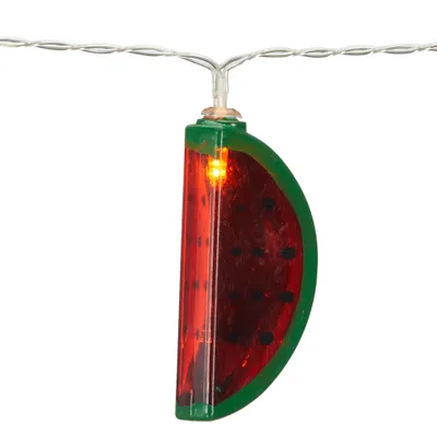 A single watermelon-shaped LED light on a string of lights.