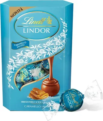 Produktbild von Lindt Lindor Caramello Salato Praline Pralinen mit Milchschokolade und Salzkristalle mit weicher gesalzener Karamell Füllung 200g