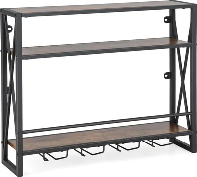 Produktbild von GOPLUS Weinregal Wand mit Glashalter, Wandregal, Flaschenregal mit Metallgestell, Flaschenhalter Weinhalter für Küche & Wohnzimmer (Braun, 80 × 20 × 63cm)
