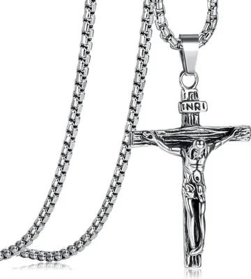 Produktbild von Kreuz Halskette Herren Edelstahl Jesus Anhänger 61 cm Silber/Gold/Schwarz