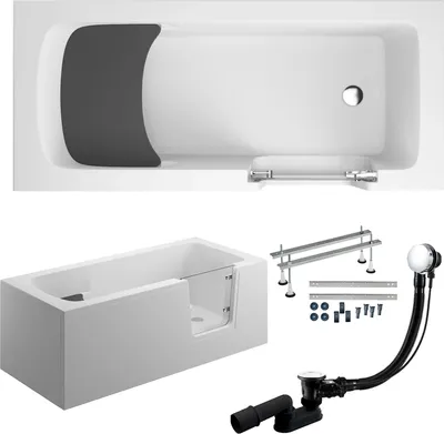 A collage of images showing a bathtub, its components, and accessories.
