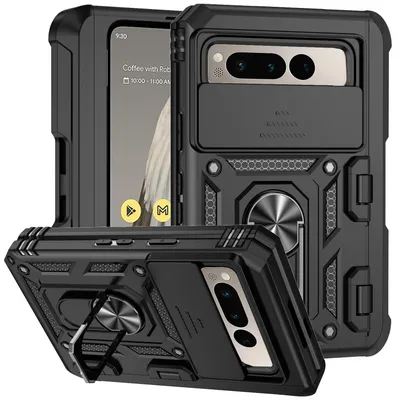 Immagine prodotto di Custodia per Google Pixel Fold a doppio strato con copertura scorrevole della fotocamera e supporto ad anello nero