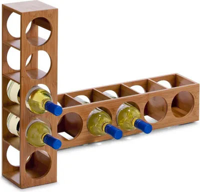 A bamboo wine rack holding several bottles of white wine.
