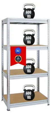 Produktbild von Schwerlastregal DINO | HxBxT 180x90x60cm | 4 MDF-Platten-Ebenen 6,5 mm | Fachlast 600kg | Verzinkt