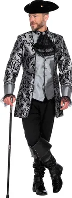 A man wearing a historical costume, posing with a cane.