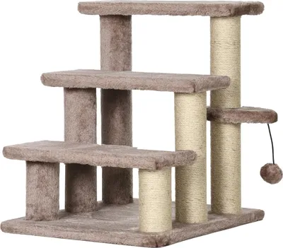 Produktbild von Katzentreppe, Tiertreppe für Katzen, Hundetreppe, 3 Stufen, mit Kratzsäulen, Spielball, Plüsch, Braun, 45x40x48cm