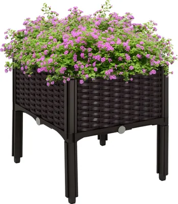 Zdjęcie produktu dla Podwyższona grządka Outsunny, donica z otworami drenażowymi, skrzynia imitująca rattan, plastik, brązowa, 40 x 40 x 44 cm