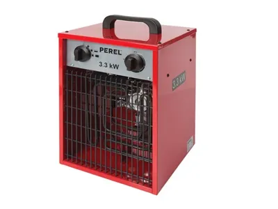 A red electric heater with a black handle and black controls is shown against a white background.