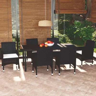 Zdjęcie produktu dla Zestaw mebli ogrodowych 7-elementowy, czarny, wykonany z rattanu syntetycznego - stół szklany o wymiarach 190 cm - odporny na warunki atmosferyczne, idealny na balkon lub taras
