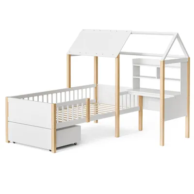 Produktbild von LVHOM Hausbett 90x200cm mit Schublade, Kinderbett mit Schreibtisch L-Form und Bücherregal, Kinderbett mit Lattenrost und Rausfallschutz, Holzbett