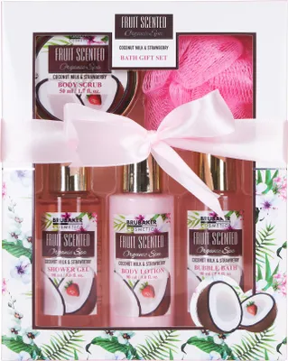 Produktbild von BRUBAKER Cosmetics Bade- und Dusch Set Kokosnuss und Erdbeer Duft - 5-teiliges Geschenkset