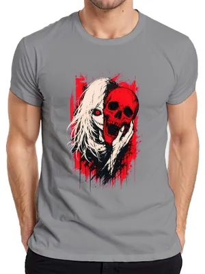 Produktbild von Horror Anime Girl Roter Totenkopf Skull Gothic Grunge Japan Manga Herren T-Shirt, Grau, M