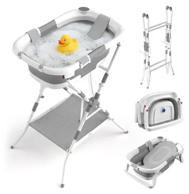 Produktbild von Relaxdays Babybadewanne faltbar, mit Gestell & Kissen, Babywanne, bis 40 kg, HBT: 20,5x65x45,5 cm, Badewanne, weiß/grau