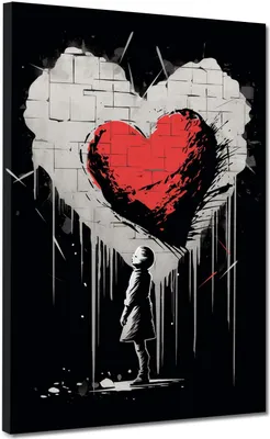 Produktbild von Herz Street Art Mädchen Black Leinwandbild Wandbild Kunstdruck XL Wanddeko: 75x100x4cm