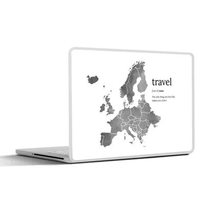Produktbild von MuchoWow® Laptop Aufkleber Sticker Cover Europa-Karte in grauer Aquarellfarbe mit dem Wort: travel - schwarz-weiß 32.5x23.5 cm - Sticker für Laptop - Selbstklebend