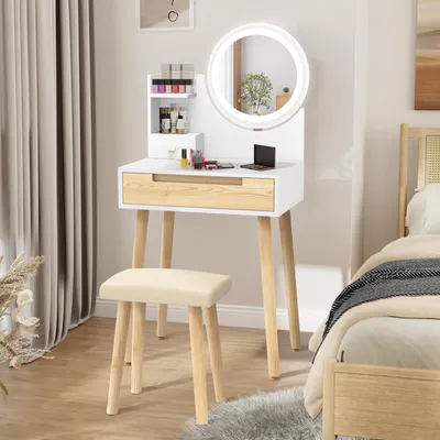 Productafbeelding van Puluomis make-uptafel met LED-verlichting en ronde spiegel, make-uptafel met beklede kruk en lades, 3 lichtstanden, kleur: wit