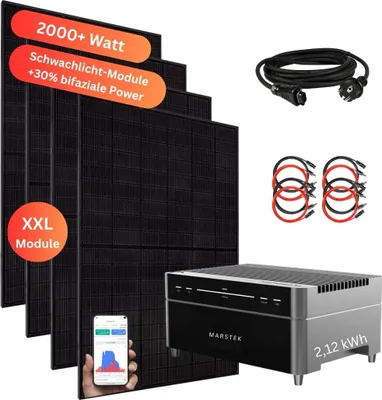 Produktbild von MYVOLTAICS Balkonkraftwerk 2000+ Watt mit Speicher Marstek Venus A 2,12 kW aufrüstbar, Nulleinspeisung & Notstrom möglich, optimales Einsteigermodell ohne Aufständerung