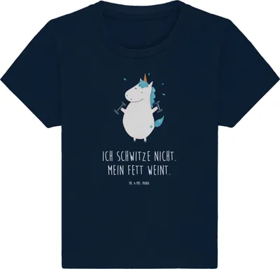 Produktbild von Mr. & Mrs. Panda Babyshirt Einhorn Fitness 12. - 18. Monat - French Navy - Geschenk, Baumwolle Baby Shirt,  T-Shirt, Fitnessstudio, Kurzarmshirt, Sport, Diät, Gym, Top