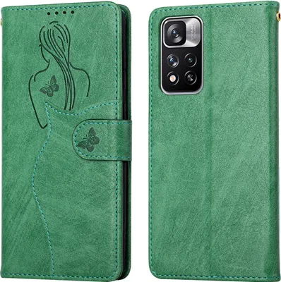 Produktbild von CLM-Tech Hülle kompatibel mit Xiaomi Redmi Note 11 Pro / Note 11 Pro+ - Tasche aus Kunstleder - Klapphülle mit Ständer und Kartenfächern, schöne Frau Schmetterlinge, grün