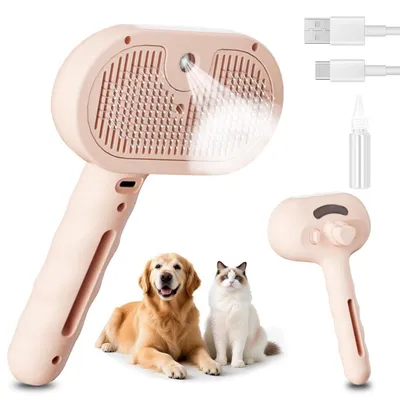 Image de Brosse à vapeur pour animaux de compagnie, brosse à vapeur pour chats, outil de soin du pelage pour chiens et chats, Rose