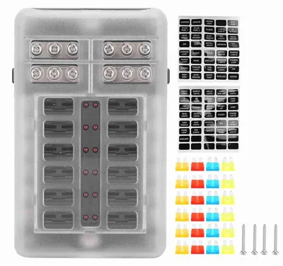 Produktbild von 12-polige 24-teilige Flachsicherung, 1 Eingang und Ausgang, mit LED-Anzeige, Halter, Kastenblock für Auto, LKW, Boot