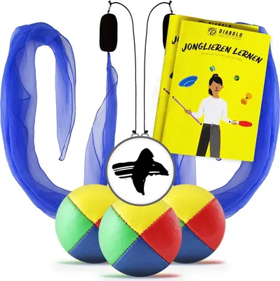 Produktbild von Diabolo Freizeitsport Jonglierset mit Jonglierbälle 3er Set (vierfarbig) und Soft-Poi 60x60cm (blau) mit UV reaktivem Schaltuch