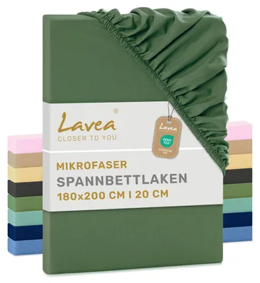 Zdjęcie produktu dla Lavea® Elastyczny pokrowiec na materac 180x200 cm, wykonany z mikrofibry, z gumką wszytą po obwodzie, przeznaczony do materacy o grubości do 20 cm, oddychający i zapewniający uczucie chłodu, łatwy w pielęgnacji, 1 sztuka, kolor oliwkowy