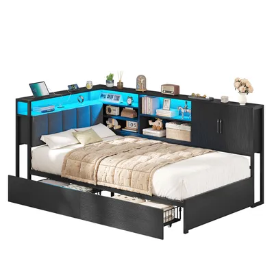 A bed frame with integrated shelving and LED lighting.