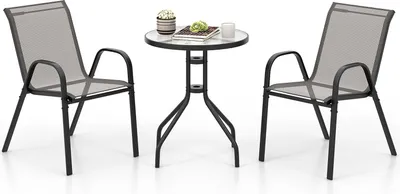 A set of outdoor furniture consisting of a round table and two chairs, presented against a white background.