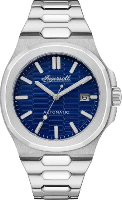 Produktbild von Ingersoll The Catalina Herren-Automatikuhr, 47 mm, in Blau mit Analoganzeige und silbernem Edelstahlarmband I11801.