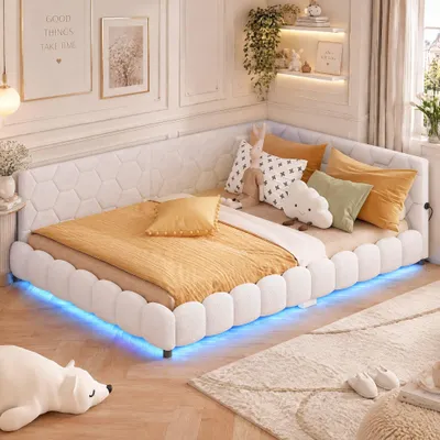 Productafbeelding van INONEFT Gestoffeerd slaapbank 140x200, jeugdbed met LED-verlichting, Type-C en USB-aansluitingen, dagbed met lattenbodem, lamswol, wit