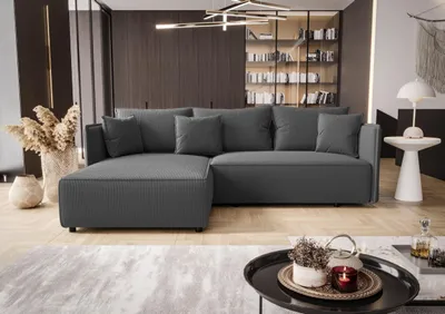 Produktbild von CORNERO Ecksofa mit Schlaffunktion und Bettkasten SEATTLE in L-Form Couch mit Schlaffunktion und Stauraum Sofa in L-Form Dunkelgrau Ottomane links