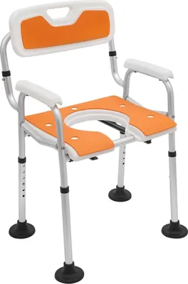 Zdjęcie produktu dla Krzesełko toaletowe i prysznicowe – regulacja wysokości 40–50 cm – podłokietniki – oparcie – dla seniorów – pomarańczowe