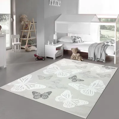 Image de Tapis chambre enfant bébé motif papillon effet 3d crème taille - 120 x 170 cm