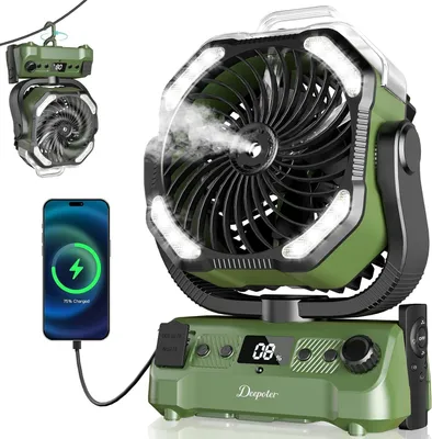 Produktbild von Campingventilator mit Sprühnebel, 20000mAh Akku-Ventilator mit LED-Licht, Haken, 270° drehbar, wiederaufladbar, tragbar, Grün, für Zelt & Wohnwagen