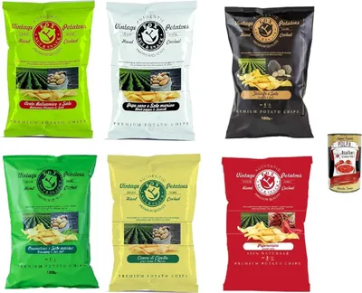 Produktbild von FOX Natural Quality Vintage Potatoes Mega Pack, Premium italienische handgefertigte Kartoffel crisps chips 6x 120g + Italian Gourmet polpa 400g