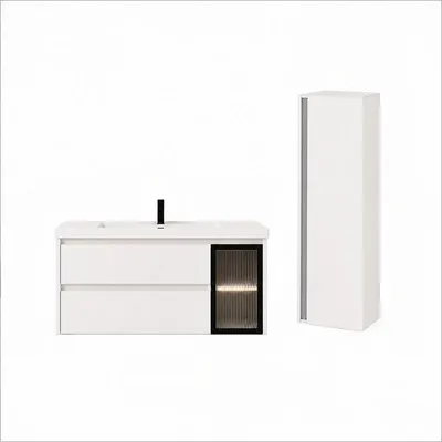Image de Ensemble meuble de salle de bain avec vasque et colonne - 100 cm - Blanc - ARVIA