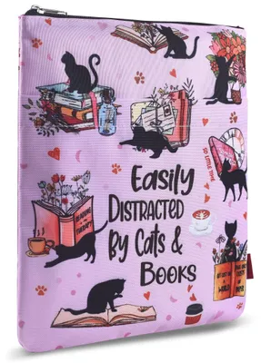 Produktbild von Buchhülle aus waschbarem Stoff – Katzenmotiv – Mit Reißverschluss – 28 x 21,5 cm – Für Bücherliebhaber – Inklusive Fach für Zubehör – Buchschutzhülle