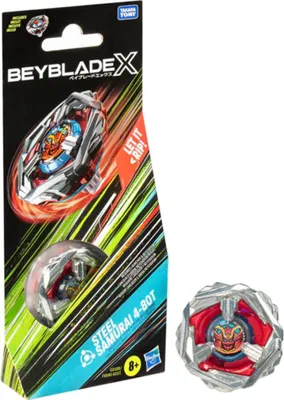A product package for a Beyblade X toy, with the toy visible inside and also shown separately next to the package.