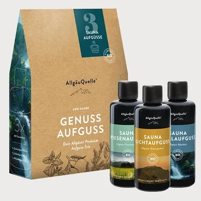 Produktbild von Saunaaufguss Konzentrat Saunaduft 3 Gänge-Set mit Pfefferminze, Eukalyptus, Cajeput, Litsea Cubeba, Rosengeranie